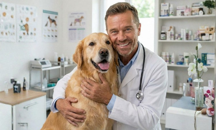 Vet with a golden retriever